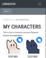 The 'My Characters' page of a Lorekeeper site displaying a circular pointer finger icon as a drag handle on the top right corner of character thumbnails