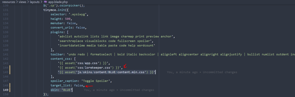 Image of an example configuring TinyMCE to use a custom skin